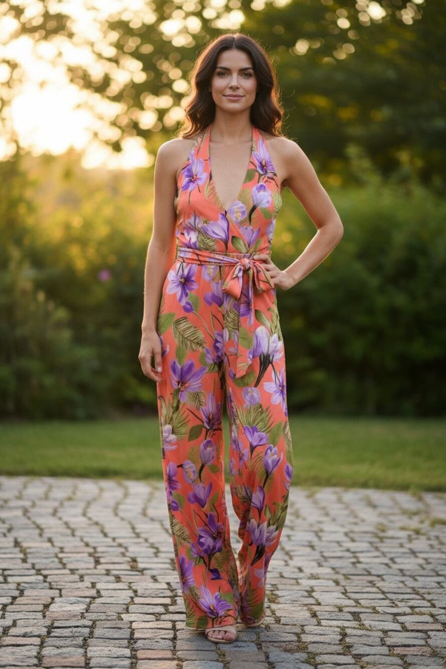 Alice + Olivia Floral Halter Wide Leg Jumpsuit Open Back Coral Size 0